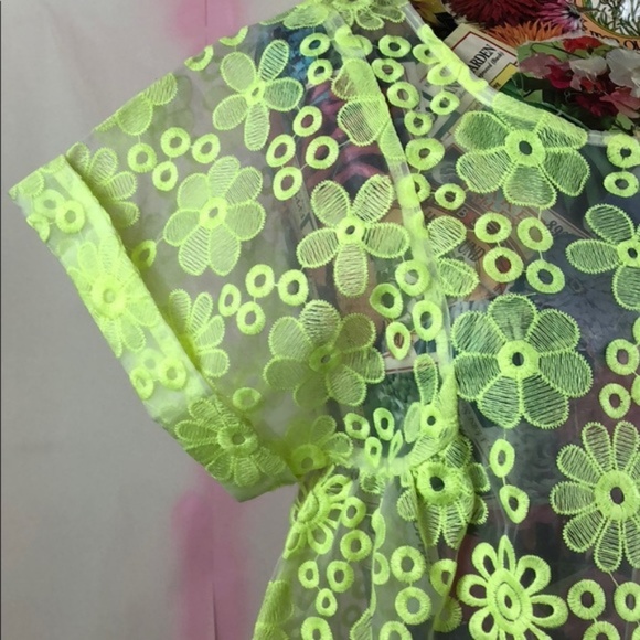 Anthro Meadow Rue Neon Embroidered Top Neon Sheer - Picture 3 of 9